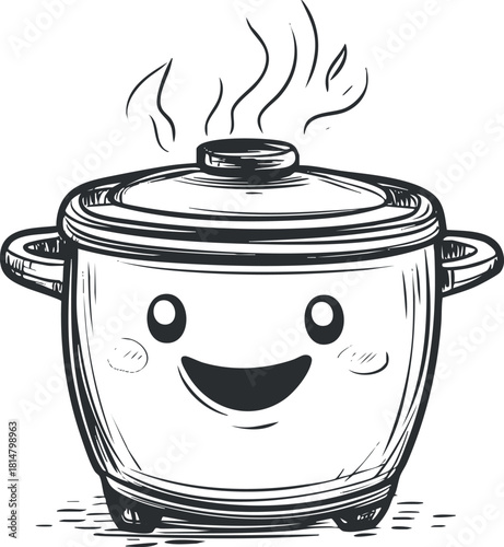 Whimsical vector illustration of a smiling cooking pot with steam, perfect for culinary-themed designs and kitchenware projects