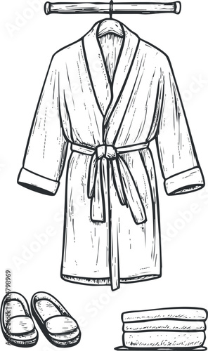 Hand-drawn vector illustration of a cozy bathrobe, slippers, and towels for relaxation and home comfort.
