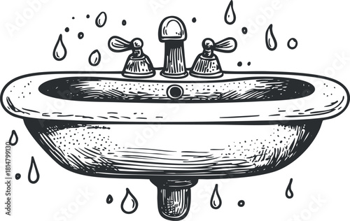 Hand-drawn vintage vector illustration of a sink with faucets and water droplets, ideal for plumbing and home design projects