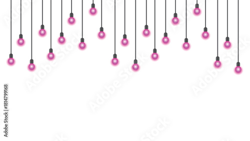 Pink light bulbs hanging from above on white background
