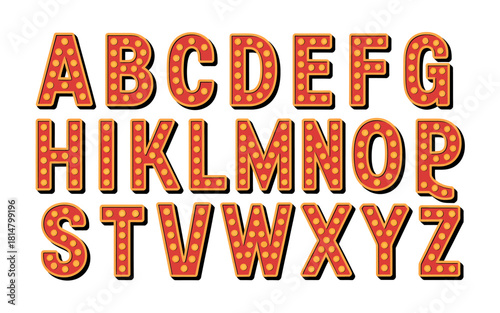 Marquee style illuminated uppercase alphabet a-z with glowing lights.
