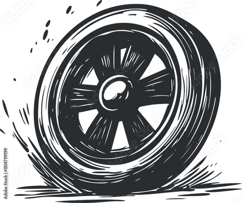 Dynamic black and white vector illustration of a spinning tire, perfect for automotive design projects and branding.