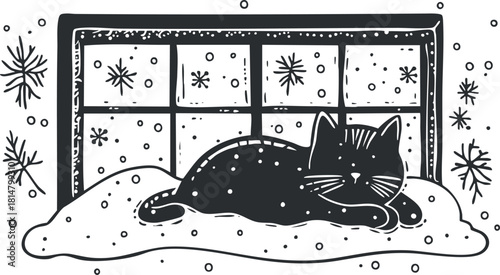Charming black and white vector illustration of a cozy cat sleeping by a snowy window, perfect for winter-themed designs