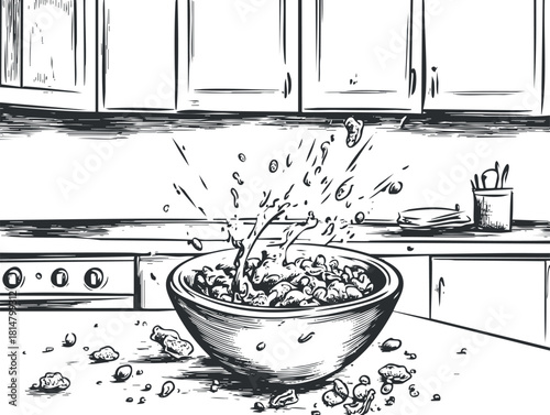 Hand-drawn black and white illustration of a bowl of popcorn splashing in a kitchen setting, ideal for culinary designs.