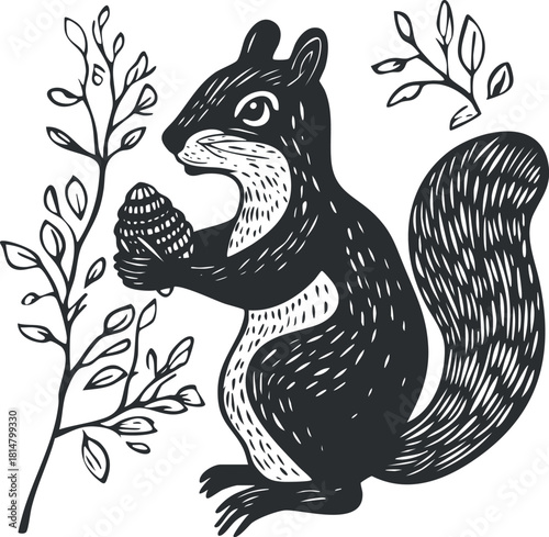 Whimsical black and white vector illustration of a playful squirrel holding an acorn surrounded by leafy branches