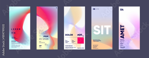 A collection of five modern, abstract posters featuring vibrant gradients and bold typography. Each design showcases a unique blend of colors and text, creating a visually striking and contemporary