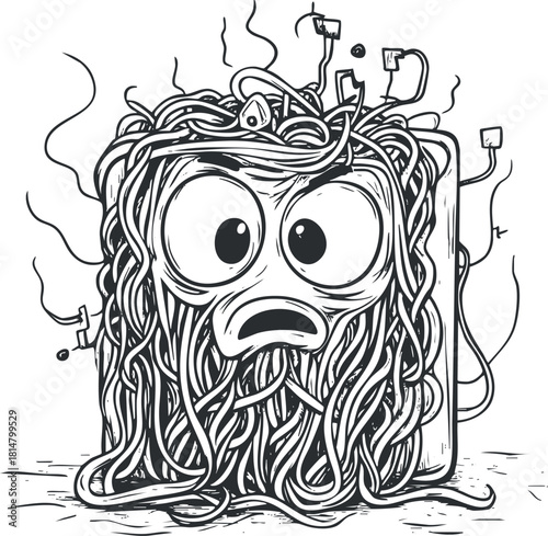 Whimsical black and white vector illustration of a tangled mass of wires with a surprised face, ideal for tech-themed designs and humorous graphics