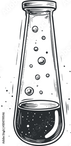 Vintage black and white vector illustration of a laboratory test tube with bubbles, ideal for scientific and educational designs