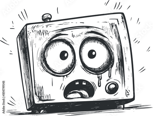 Cartoon-style vector illustration of a surprised vintage television with exaggerated facial expression, suitable for humorous design projects
