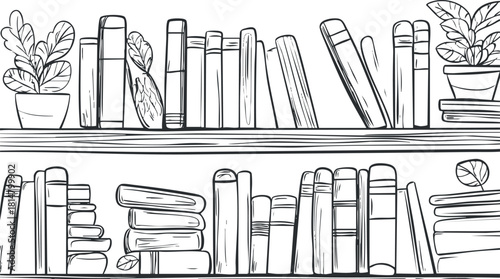 Black and white line art illustration of bookshelves filled with various books and decorative plants for home decor and educational themes