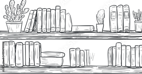 Hand-drawn vector illustration of bookshelves filled with books and potted plants for home decor and educational themes