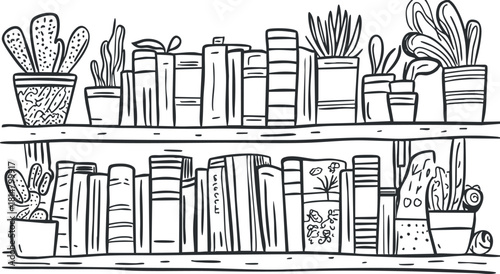 Minimalist line art illustration of a bookshelf filled with books and potted plants for home decor and design projects