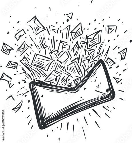 Hand-drawn vector illustration of an exploding envelope, symbolizing surprise messages and dynamic communication for digital and print projects