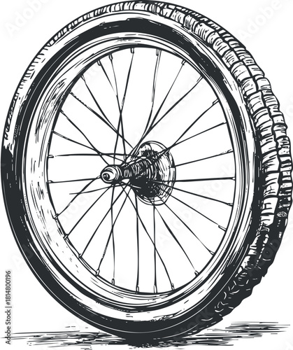 Hand-drawn vector illustration of a bicycle wheel showcasing detailed spokes and tire design, ideal for transportation-themed projects