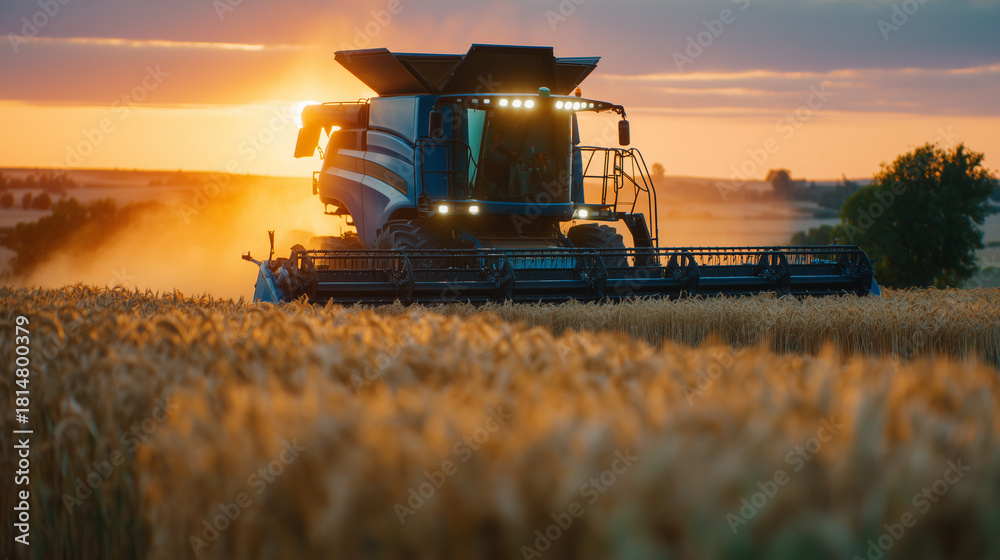 Fototapeta premium Low-angle cinematic shot of a combine harvesting wheat, its blades illuminated by the warm glow of a countryside sunset; dust particles rise around the machine like glowing mist, s