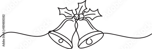 Minimalist line art depicts intertwined holiday bells accented by holly leaves and decorative ribbon