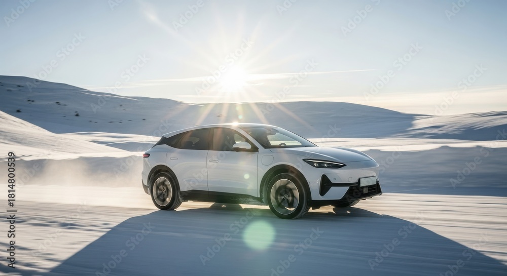 Naklejka premium Dynamic Shot of White Electric Crossover Driving on Snowy Arctic Road at Sunrise