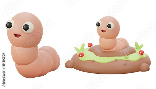 3D cartoon cute worm characters set illustration isolated on transparent background, PNG file
