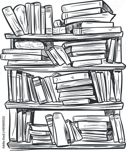 Hand-drawn vector illustration of a cluttered bookshelf filled with various stacked books, ideal for educational and literary themes