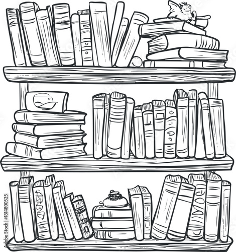 Hand-drawn black and white vector illustration of bookshelves filled with various books, perfect for educational and literary themes