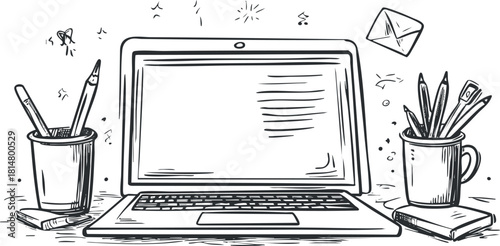 Hand-drawn vector illustration of a modern workspace featuring a laptop, stationery, and creative elements for design projects