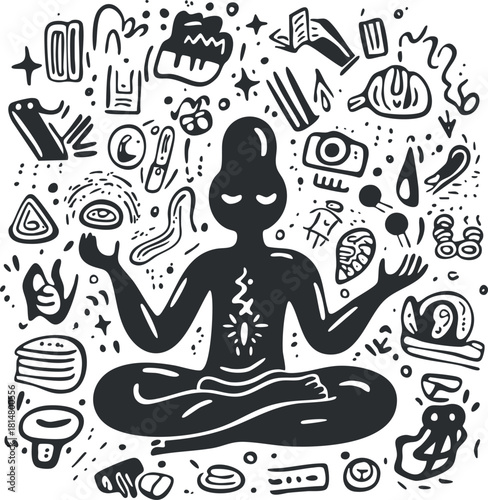Abstract vector illustration featuring a meditative figure surrounded by various symbols of mindfulness and wellness, ideal for health and spiritual projects