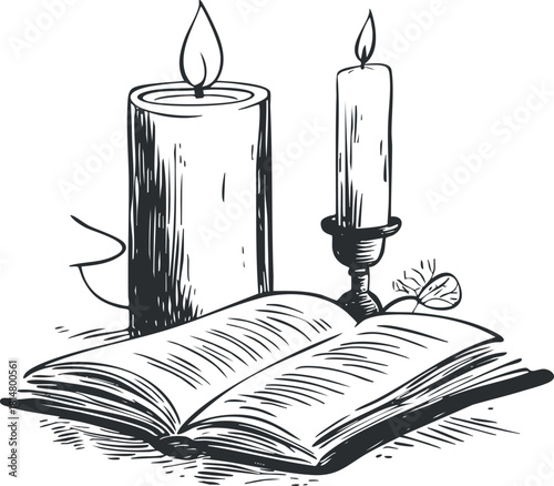 Hand-drawn black and white vector illustration of an open book with candles, perfect for reading and study-themed designs
