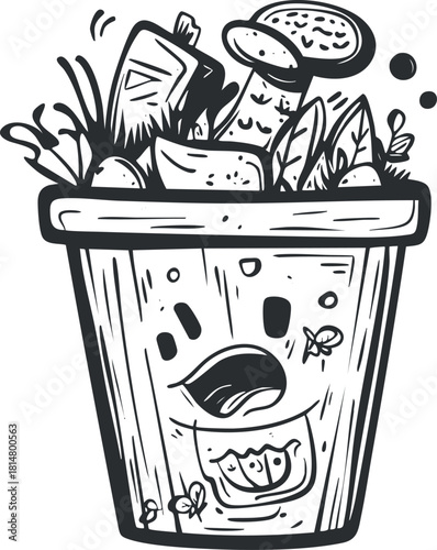 Playful cartoon-style vector illustration of a smiling trash bin filled with organic waste and plants, ideal for eco-friendly projects