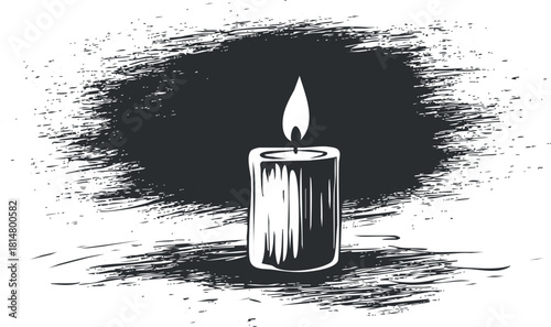 Hand-drawn black and white vector illustration of a candle with a flame, ideal for decor or relaxation themes