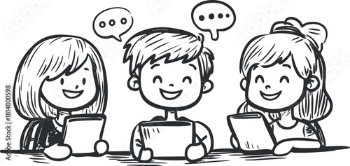 Playful black and white vector illustration of three children happily engaging with tablets, perfect for educational and technology themes