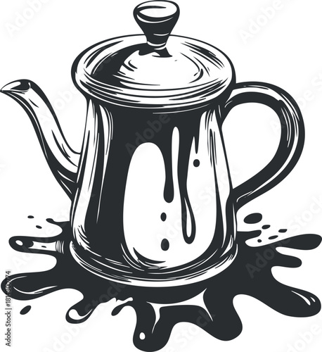 Stylized black and white vector illustration of a teapot pouring liquid, perfect for kitchen and beverage-related designs