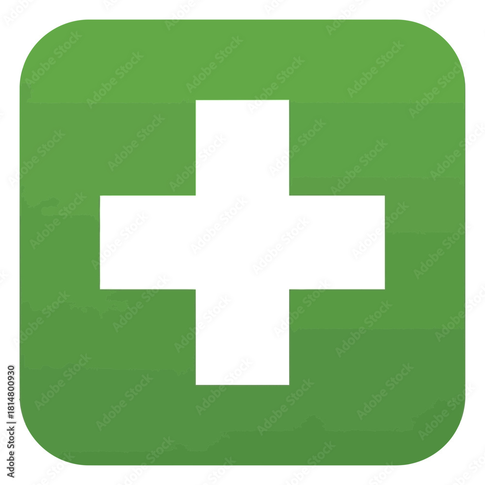 Fototapeta premium Green square icon with a white cross symbol, representing first aid, health, or medical assistance in a simple graphic design
