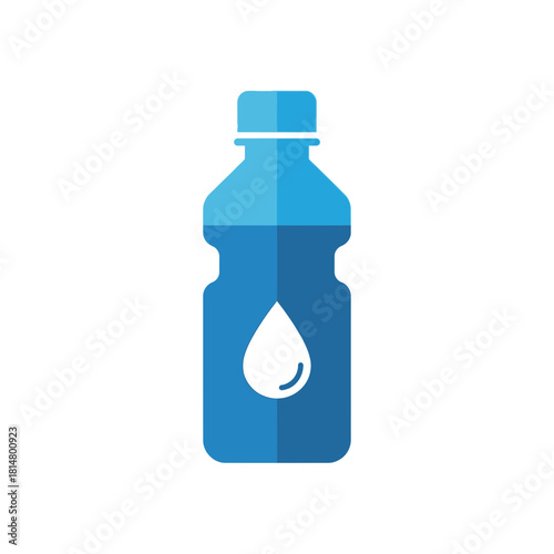 Blue flat icon of a plastic water bottle with a white drop symbol representing liquid or hydration isolated on transparent background