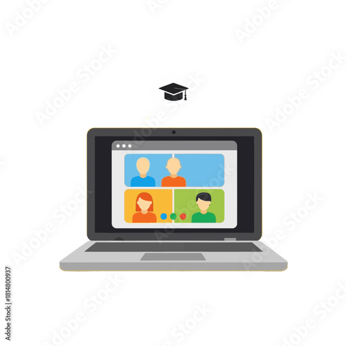 Laptop displaying a video conference with four participants and a graduation cap icon above, isolated on transparent background