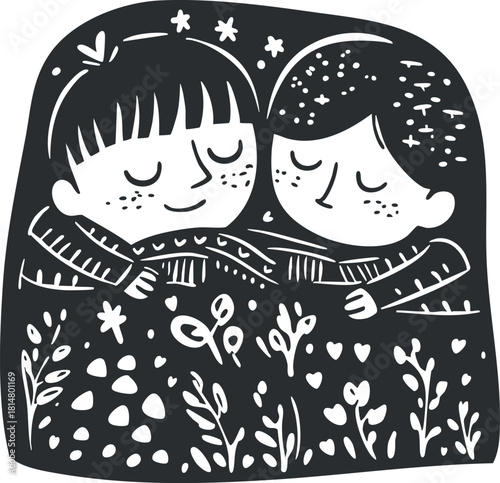 Whimsical black and white vector illustration of two children snuggling together amidst flowers and nature, perfect for children's book designs.