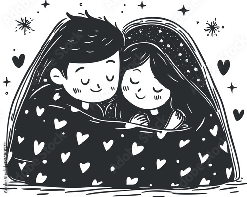 Whimsical black and white vector illustration of a couple snuggling under a blanket filled with hearts, perfect for romance-themed projects