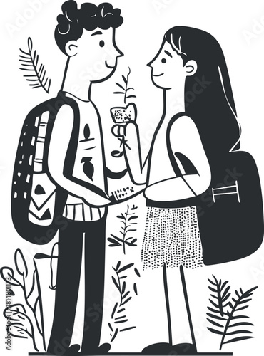 Playful black and white vector illustration of a couple with backpacks sharing a moment in nature, ideal for adventure-themed designs