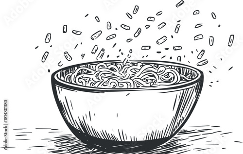 Hand-drawn vector illustration of a bowl of noodles with floating ingredients, perfect for food-related designs and menus