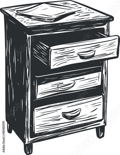 Hand-drawn black and white vector illustration of a vintage wooden nightstand with three drawers for home decor use