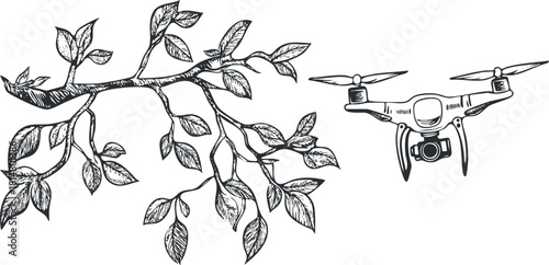 Line art vector illustration of a branch with leaves and a drone, combining nature and technology themes for creative projects.