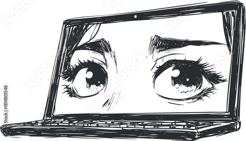 Stylized vector illustration of a laptop displaying expressive eyes, symbolizing connectivity and digital interaction