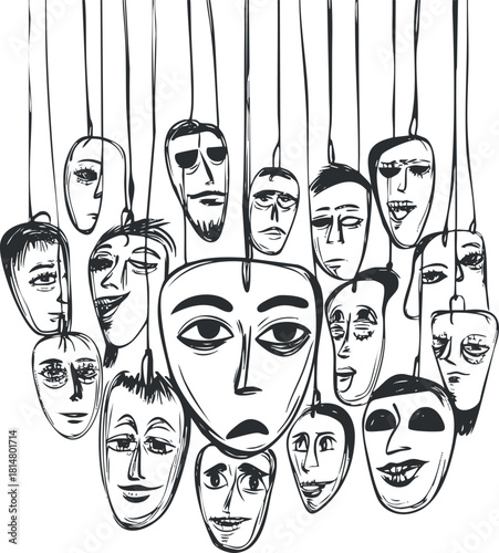 Abstract line art illustration of hanging faces and masks, representing various emotions and expressions for creative projects.
