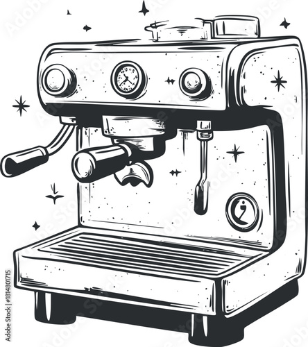 Vintage black and white vector illustration of a retro espresso coffee machine for café and kitchen design projects