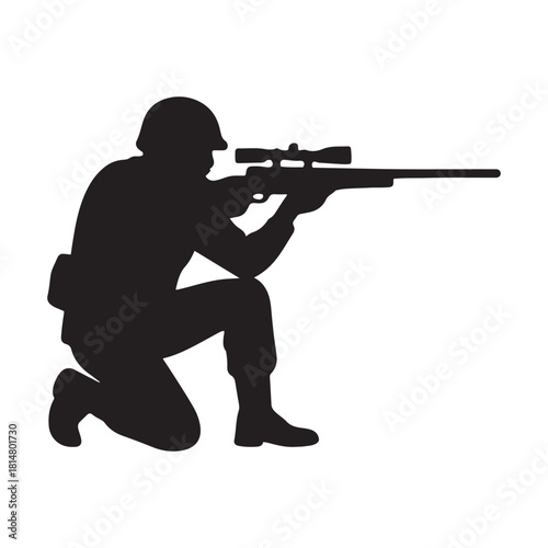 Sniper Soldier Silhouette, Kneeling Shooter, Military Marksman, Tactical Rifle Pose, Vector Graphic