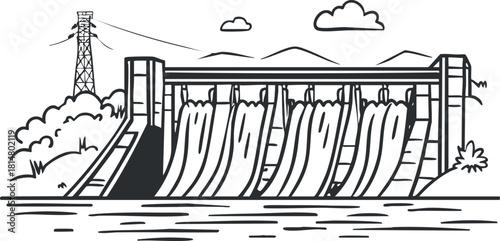 Outline vector illustration of a dam with flowing water and surrounding landscape, ideal for environmental and energy projects.