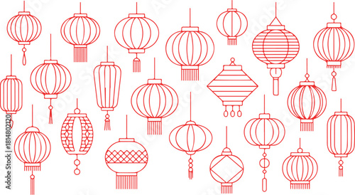 Many different red Chinese lanterns are displayed against a transparent background to show variety