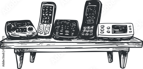 Hand-drawn vector illustration of various remote controls displayed on a wooden shelf for technology and home automation themes