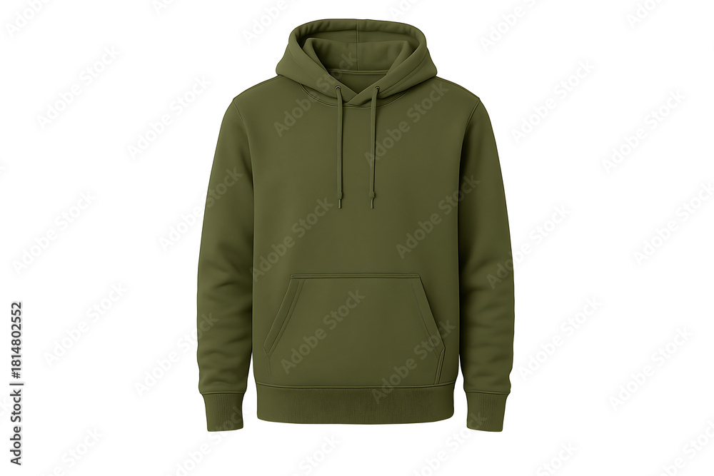 Naklejka premium Olive green unisex hoodie sweatshirt with drawstring and kangaroo pocket isolated on white background