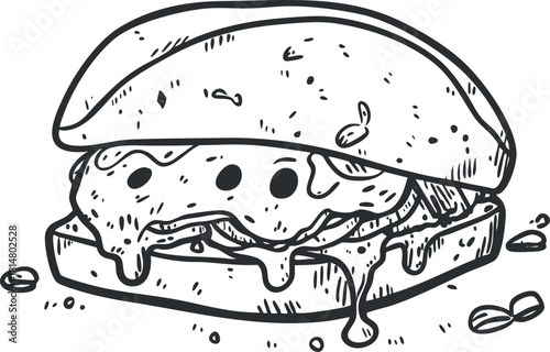 Hand-drawn doodle illustration of a delicious burger with melted cheese and toppings for food-related designs and menus