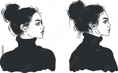 Elegant silhouette vector illustration of a woman in profile, featuring a bun hairstyle and turtleneck for fashion design projects